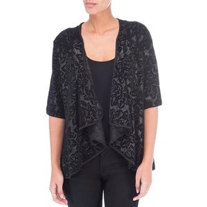 Bobeau | Black Floral Velvet Quarter Sleeve Drape Cardigan